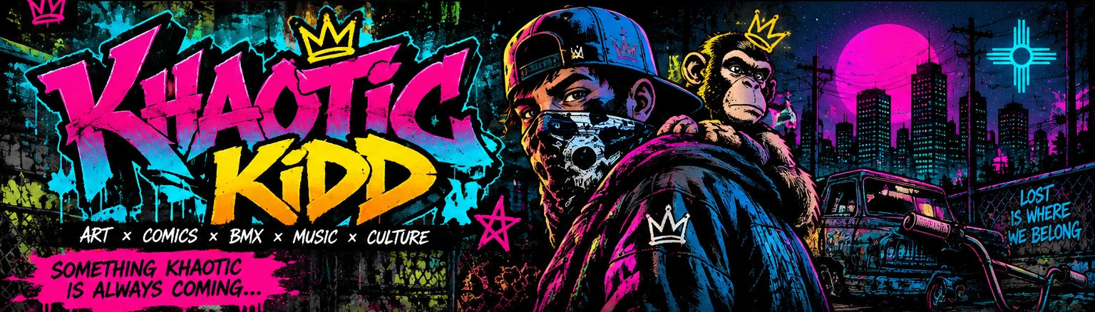 Graffiti-style Khaotic Kidd artwork featuring a masked artist, crowned ape and neon city